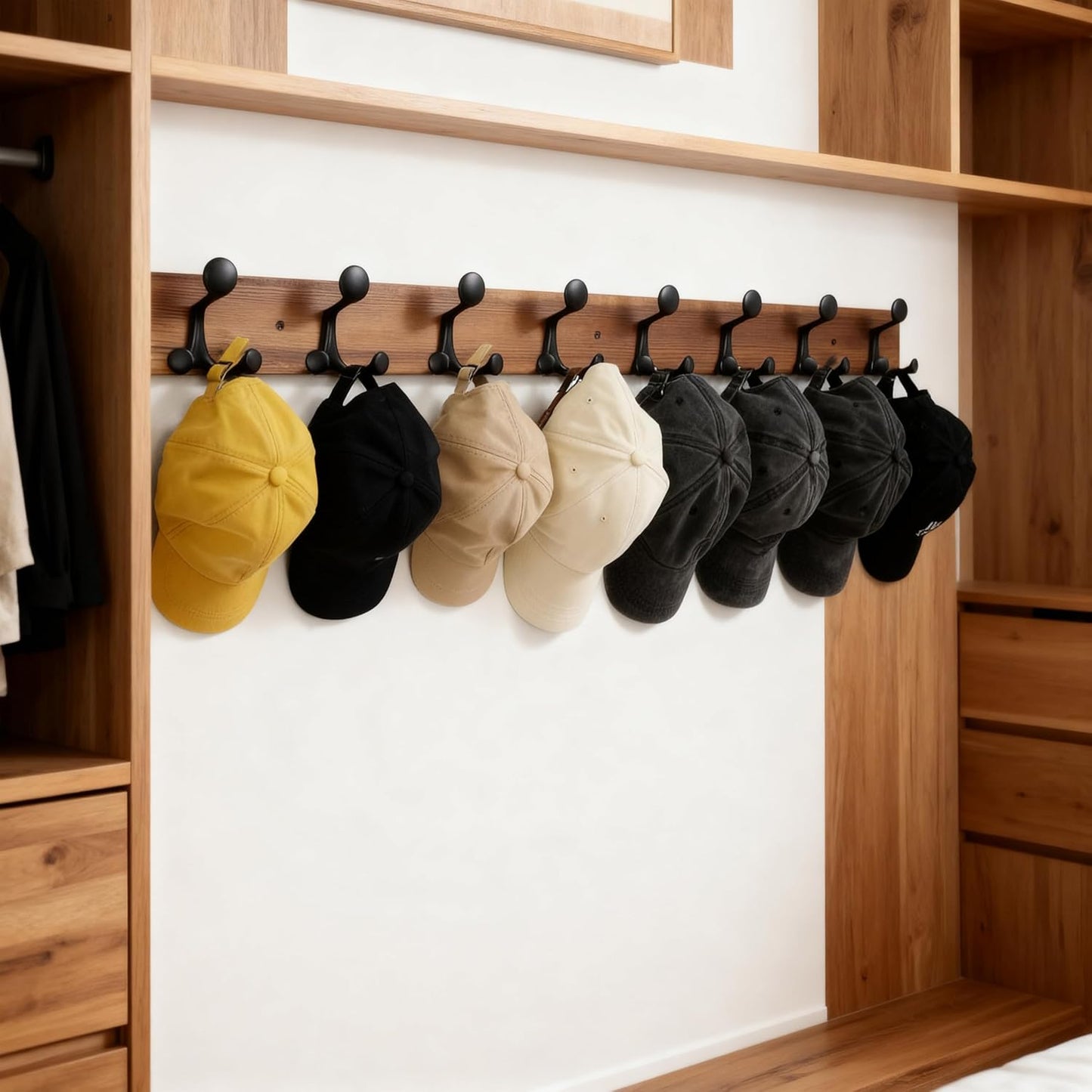 SKOLOO 43-Inch Wood Coat Rack Wall Mount with 8 Triple Hooks - Ideal for Family Entrances, Classrooms, and Pet Supplies Storage - Perfect Coat Hooks for Wall,Charred Golden Brown