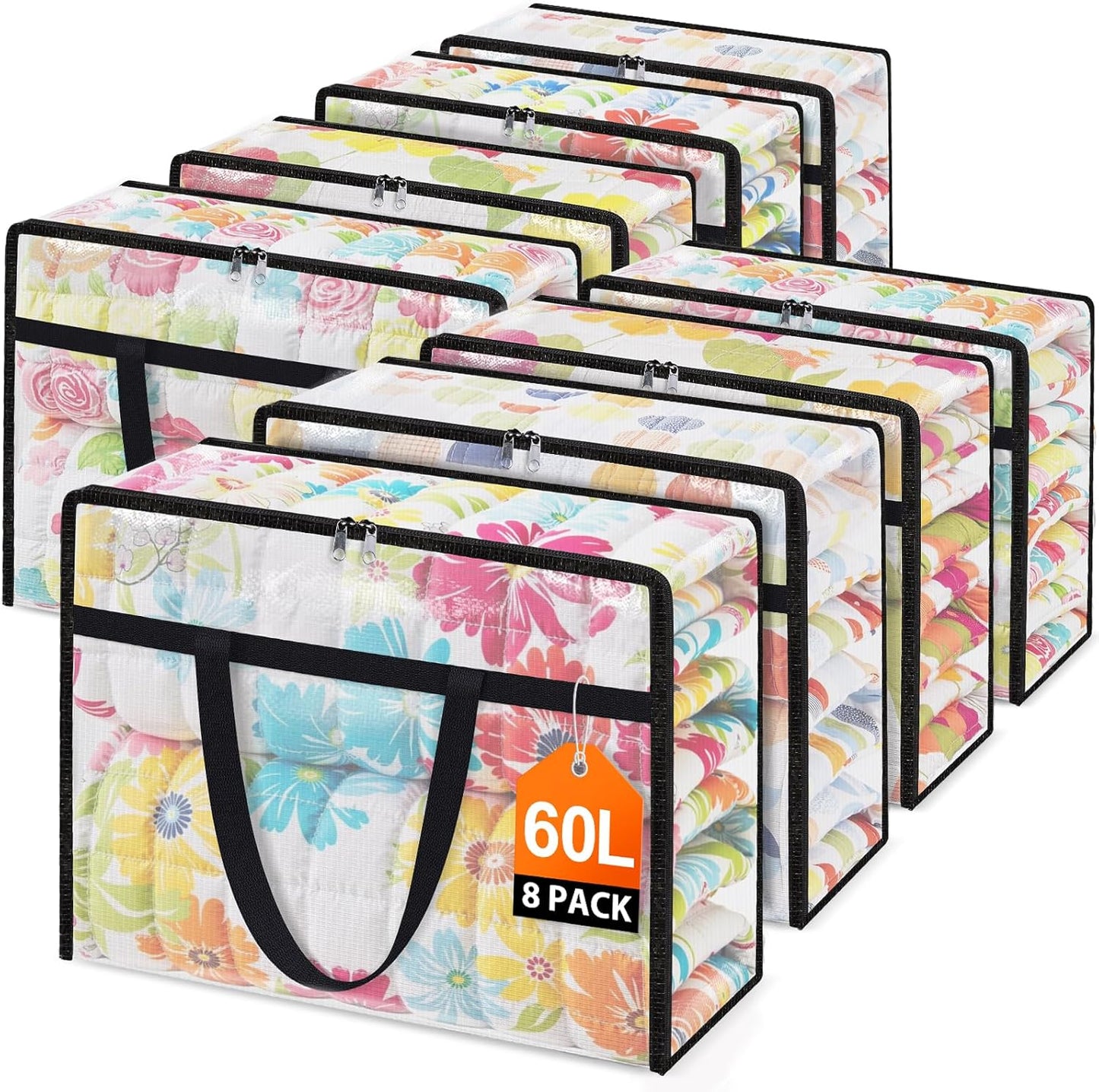 Clear Under Bed Storage Containers - 8 Pack Large Capacity Clothes Storage Bags with Lid & Sturdy Handles, Foldable Moving Bags, Clothing Organizer Totes for Bedding, Comforter, Sheet（60 L）