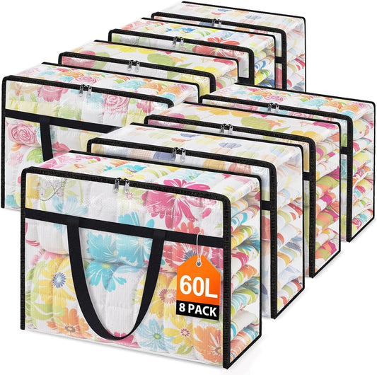 Clear Under Bed Storage Containers - 8 Pack Large Capacity Clothes Storage Bags with Lid & Sturdy Handles, Foldable Moving Bags, Clothing Organizer Totes for Bedding, Comforter, Sheet（60 L）