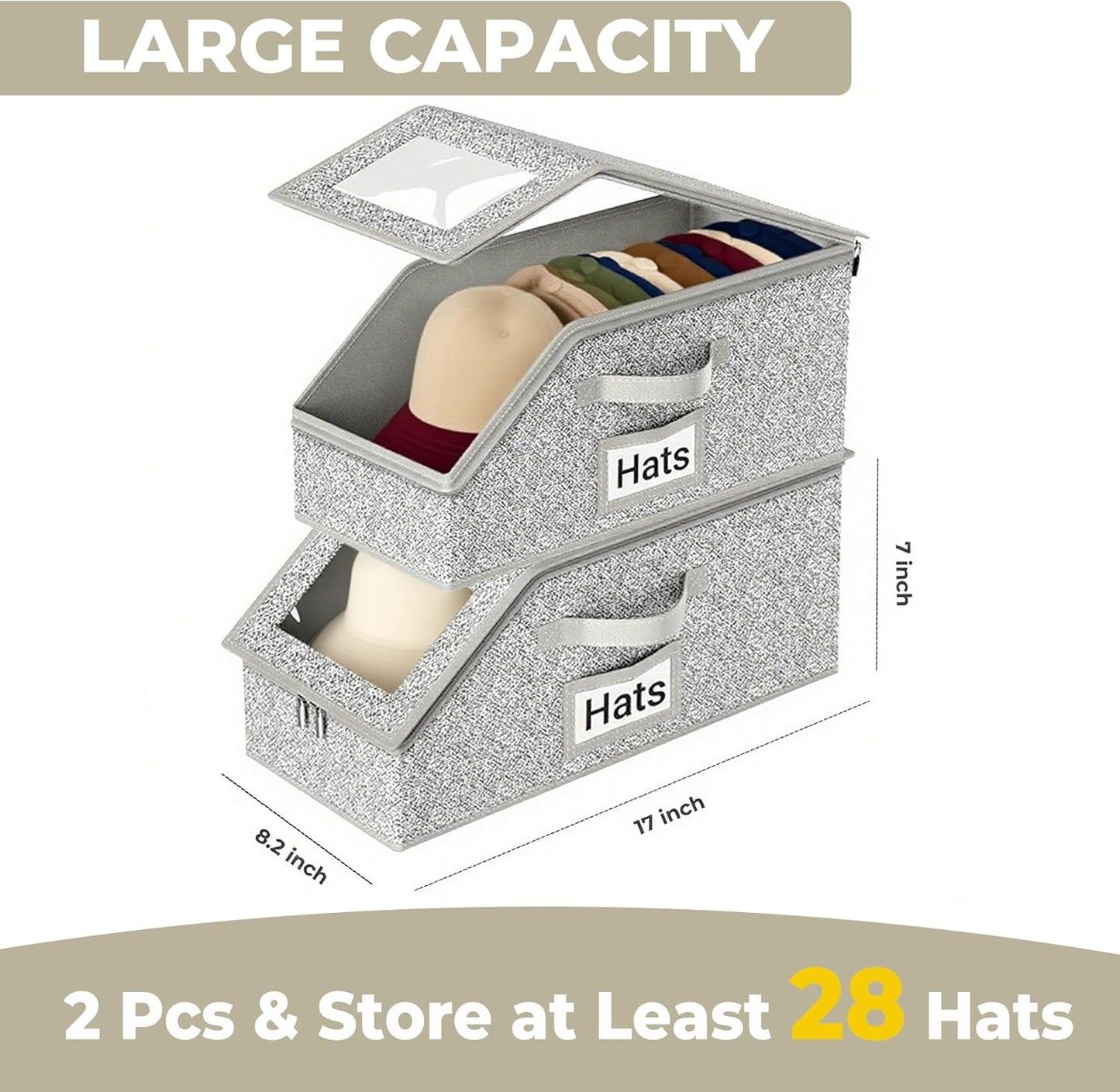 2 Pack Hat Organizer Box for Women & Men, Foldable Storage Box with Clear Lid for Baseball, Cowboy Caps, Stackable Clear Hat Organizer, Store up to 28 Caps, Grey