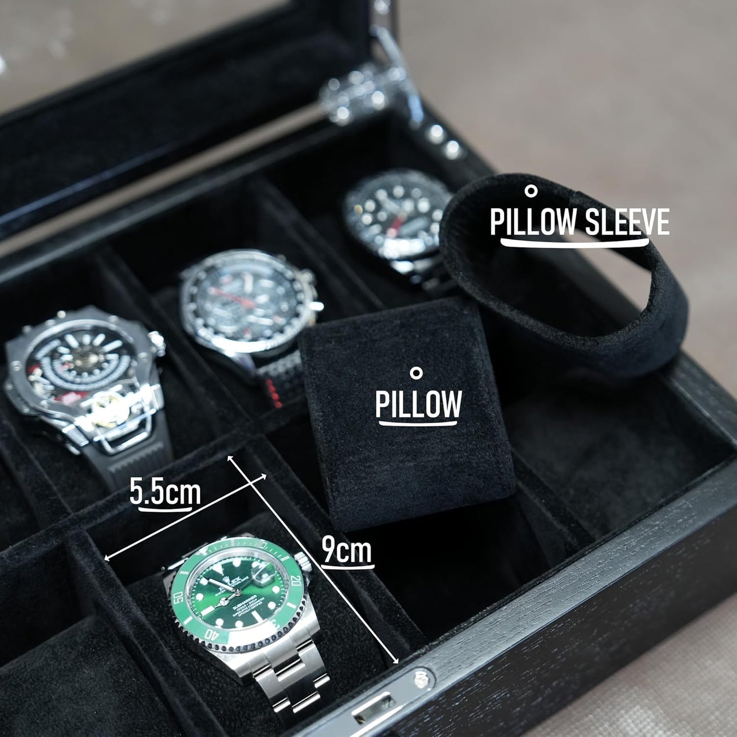 10 Watches Box for Men Watch Display Case, Black Wood Luxury Watch Organizer with Large Glass Window, Ultra Smooth Suede Interior (10W-BB)