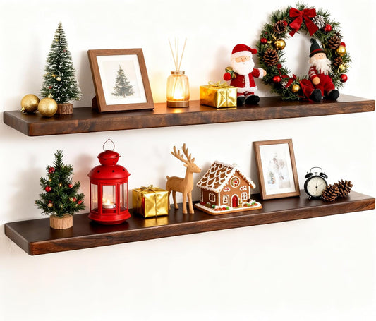 36" Rustic Walnut Wood Floating Shelves, 8 Inch Deep Wall Shelves for Home Decor, Wall Mounted Floating Shelf with Invisible Bracket, Heavy-Duty Storagefor Living Room, Bedroom, Kitchen, Set of 2
