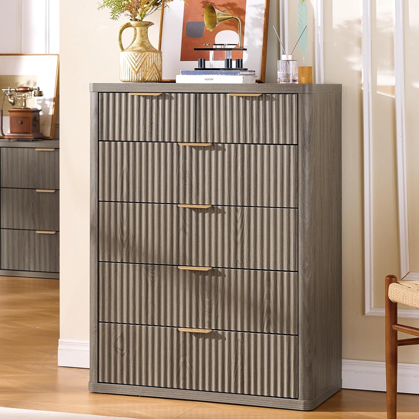 LEYAOYAO Fluted 6 Drawers Dresser for Bedroom Set of 2, 42" Tall Modern Chest of Drawers with Metal Handle, Curved Profile Design,Grey Wood Drawer Organizer for Bedroom, Living Room, Hallway
