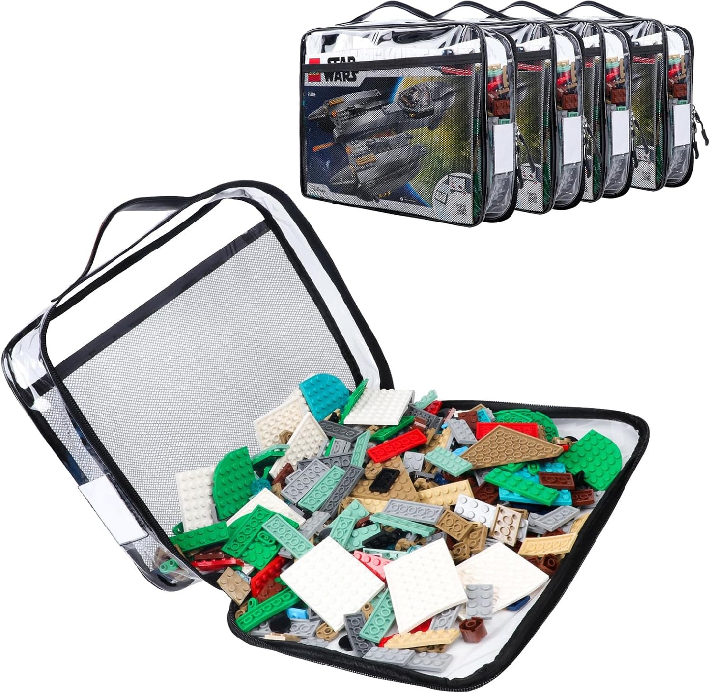 4 Pack Toy Storage Organizer Bag for Lego Bricks, Clear PVC Zippered Block Set with Manual Pocket& Name Tag, Waterproof Toy Carrying Case for Board Game, Building Blocks& Puzzles (Large, Black)