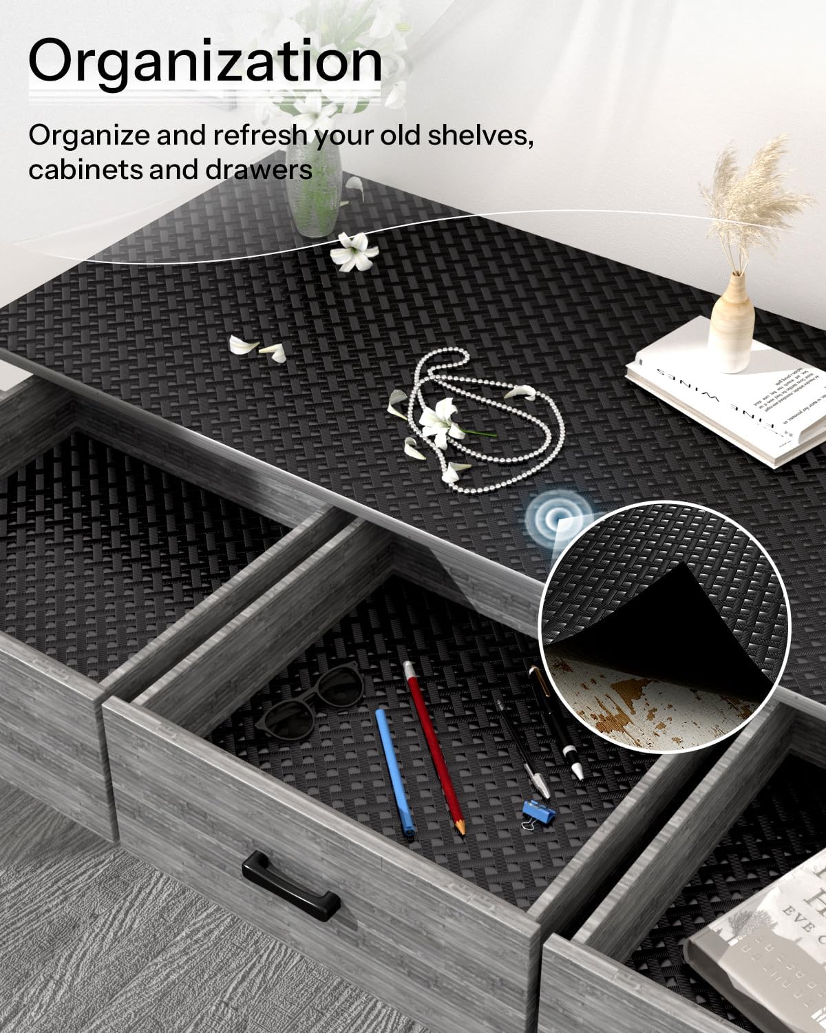 Shelf and Drawer Liner for Kitchen Cabinet, Non-Adhesive 24in x 120in Waterproof Contact Paper Refrigerator Liners Thickened Durable EVA Material Non Slip Mat for Dresser Cupboard Pantry Protector