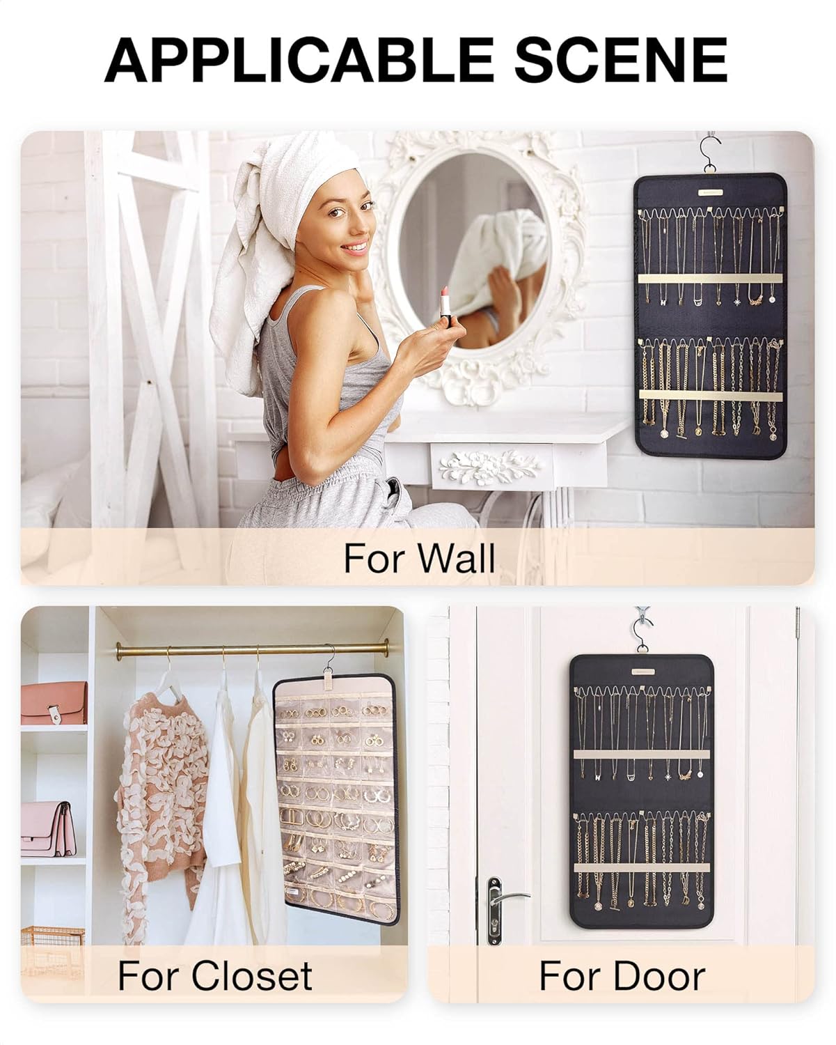 BAGSMART Hanging Jewelry Organizer Storage Roll with Hanger Metal Hooks Double-Sided Jewelry Holder for Earrings, Necklaces, Rings on Closet, Wall, Door, 1 piece, Medium, Black