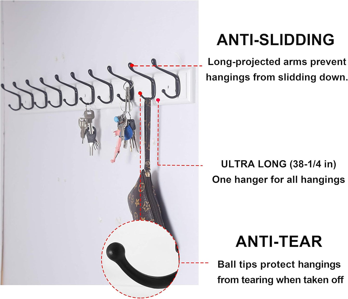 Dseap Coat Rack Wall Mounted: 10-Hooks, 16" Hole to Hole, 38-1/4" Long, Wood Coat Hooks Wall Mounted, Hook Rack, Hook Rail, Hooks for Hanging Coats, White & Black