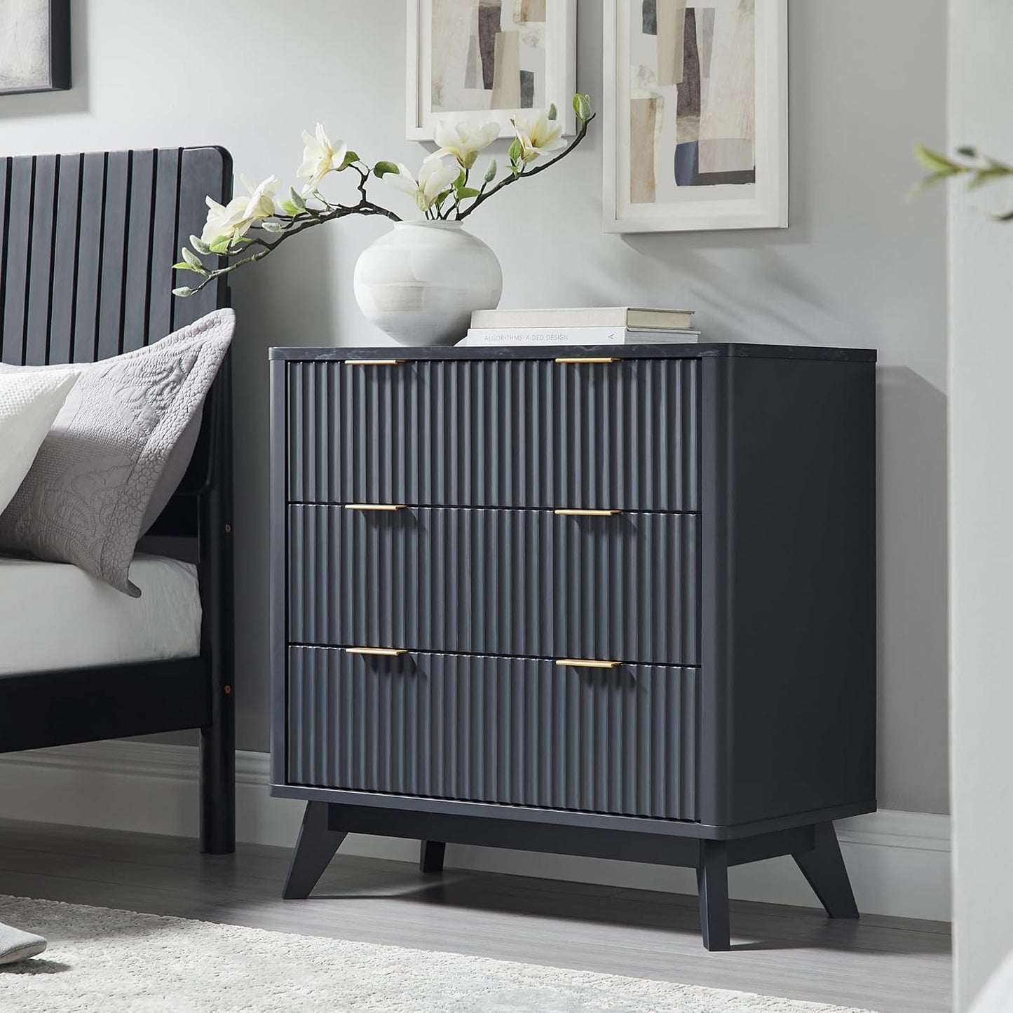 T4TREAM Fluted 3 Drawers Nightstand Set of 2, Oversized Extra Large Modern Side Table with Faux Marble Top, End Table Bedside for Bedroom, Living Room, Curved Profile Design, Dark Grey
