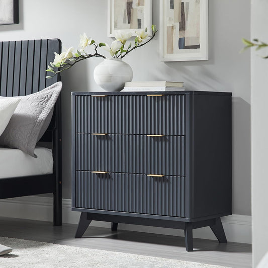T4TREAM Fluted 3 Drawers Nightstand, Oversized Extra Large Modern Side Table with Faux Marble Top, End Table Bedside for Bedroom, Living Room, Curved Profile Design, Dark Grey