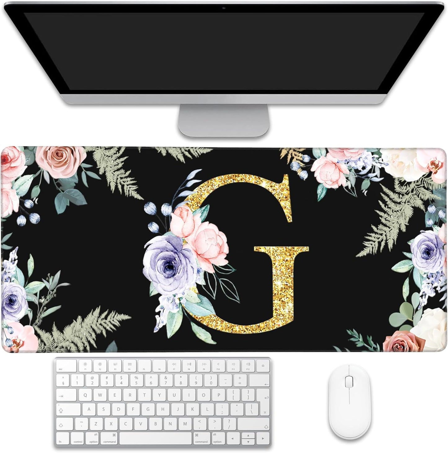 Desk Mat, Flower Golden Letters G Extended Gaming Mouse Pad Large, 35.4"x15.7" Big Mouse Pad with Non-Slip Base and Stitched Edge, Long Computer Keyboard Mouse Mat for Home Office Work