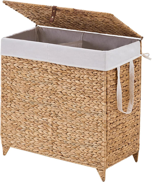 Laundry Hamper with Lid and Removable Liner Bag, Handwoven Natural Hyacinth Clothes Hamper with Heightened Feet, Wicker Laundry Basket for Clothes and Towels，Large, 2-sections