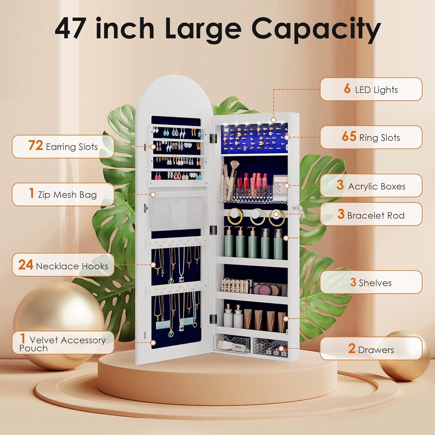 47in Tall Jewelry Cabinet Organizer, Arched Wall or Door Mounted Jewelry Armoire with Full-Length Mirror, 6 LEDS Lockable Hanging Mirror Cabinet with Storage, 2 Drawers, Women Girls Gifts,White