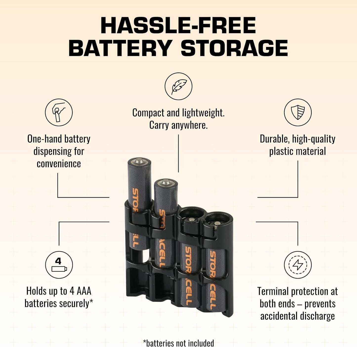 Storacell by Powerpax Slimline AAA Battery Storage Caddy, Black, Holds 4 Batteries (Not Included)