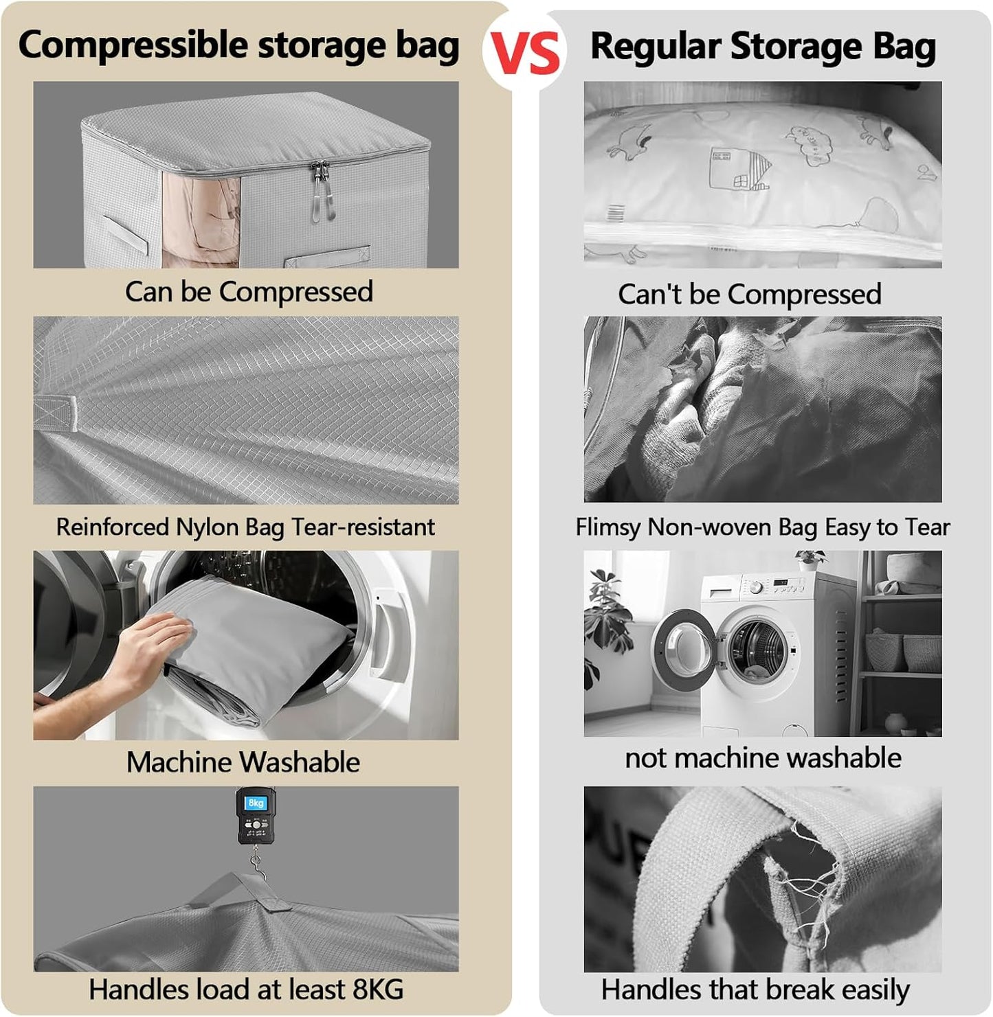 6 Pack Space Saving Comforter Storage Bag with Handle, 3-Layer Compression Blanket Storage Bags Adjustable In 3 Sizes (142L, 107L, 71L), Washable Bedding Organizer For Pillow Duvet Clothing Plush Toy