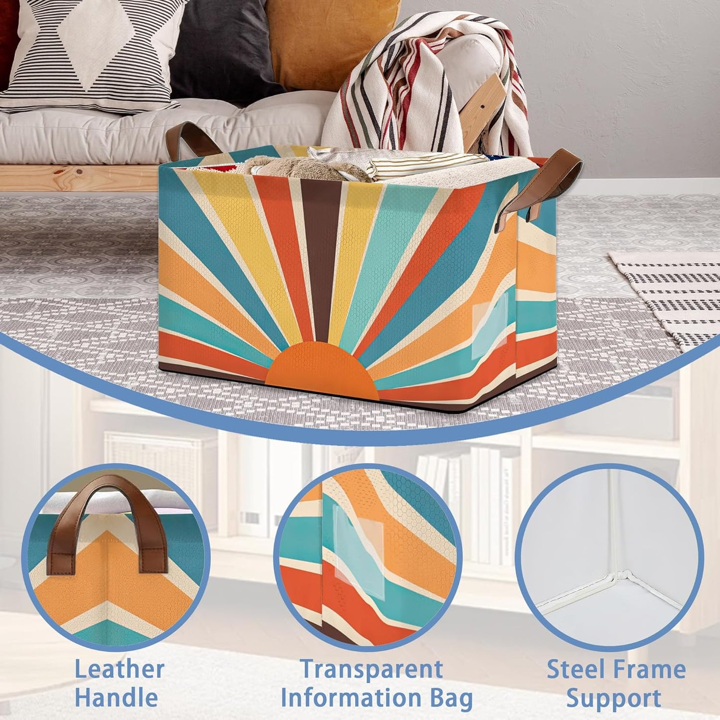 Boho Abstract Sun Collapsible Storage Box,Geometric Organizer Bin with Handles for Room Decoration,Bins Book Basket Box 17x11.5x10Inch