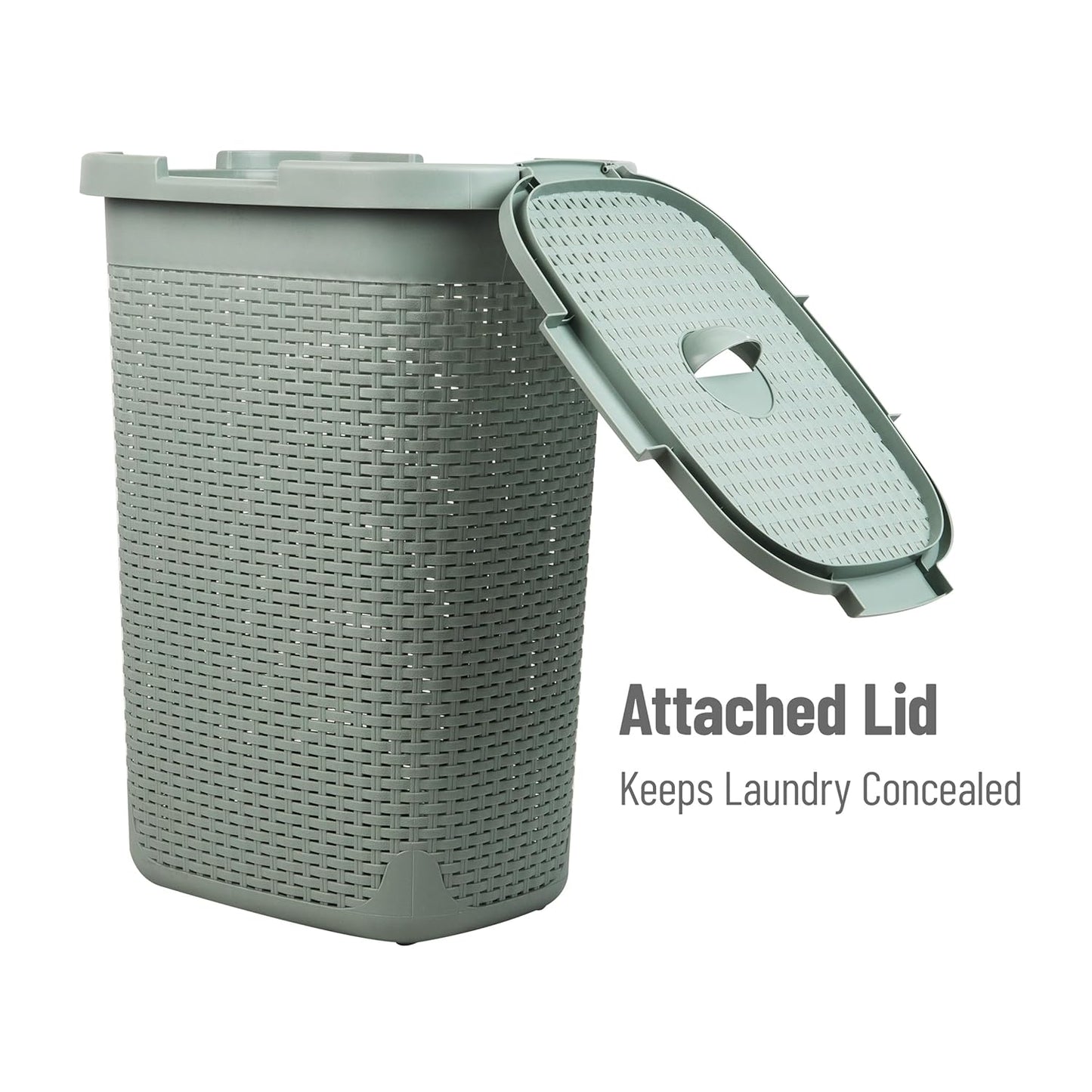 Mind Reader Slim Laundry Hamper with Lid, 60L Clothes Basket, Premium Wicker Design, Plastic, Mint