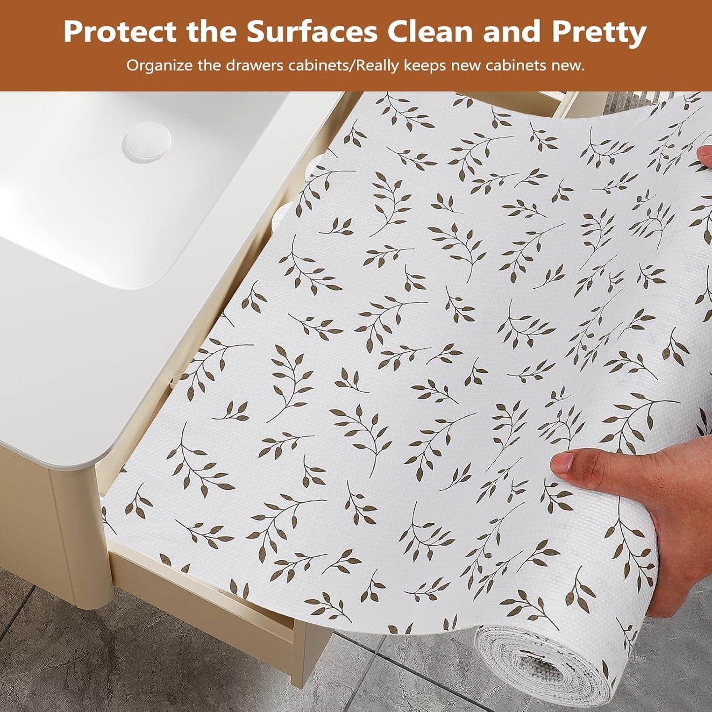 Shelf Drawer Liner for Kitchen Cabinets Non Adhesive, Slip Resistant Strong Grip Thickened Cabinet Liners for Shelves Non Slip Shelving Paper for Cupboard, Dresser, Pantry (Leaves, 17.5" x 20 FT)