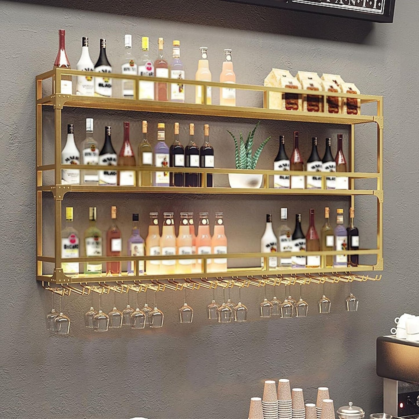 47.2in Wall Mounted Wine Rack, Wine Rack Wall Mounted with Wine Glass Rack, Metal Bar Bottle Display Shelf Wine Cups Hanging Holder, for Home Bar Cafe Decoration (Gold, 47.2 * 10 * 35.5IN)