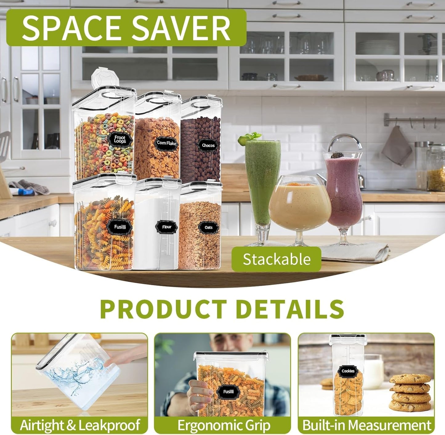 Skroam 8PCS Cereal Containers Storage [4L/135.2 oz], Airtight Food Storage Containers with Pour Spout for Kitchen & Pantry Organization Storage, Plastic Cereal Dispensers, Measuring Cup & 20 Labels