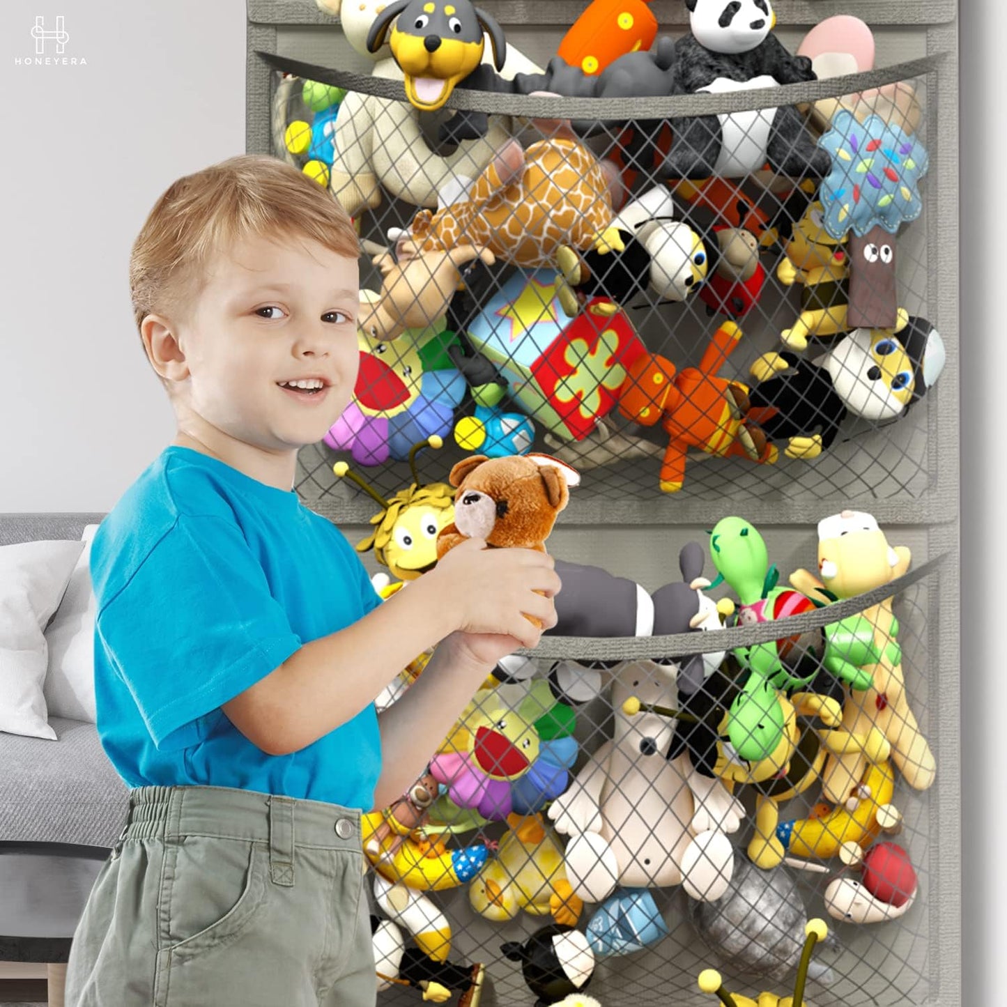 Honeyera Storage for Stuffed Animal - Over Door Organizer for Stuffies, Baby Accessories, and Toy Plush/Easy Installation with Breathable Hanging Pockets (Gray)