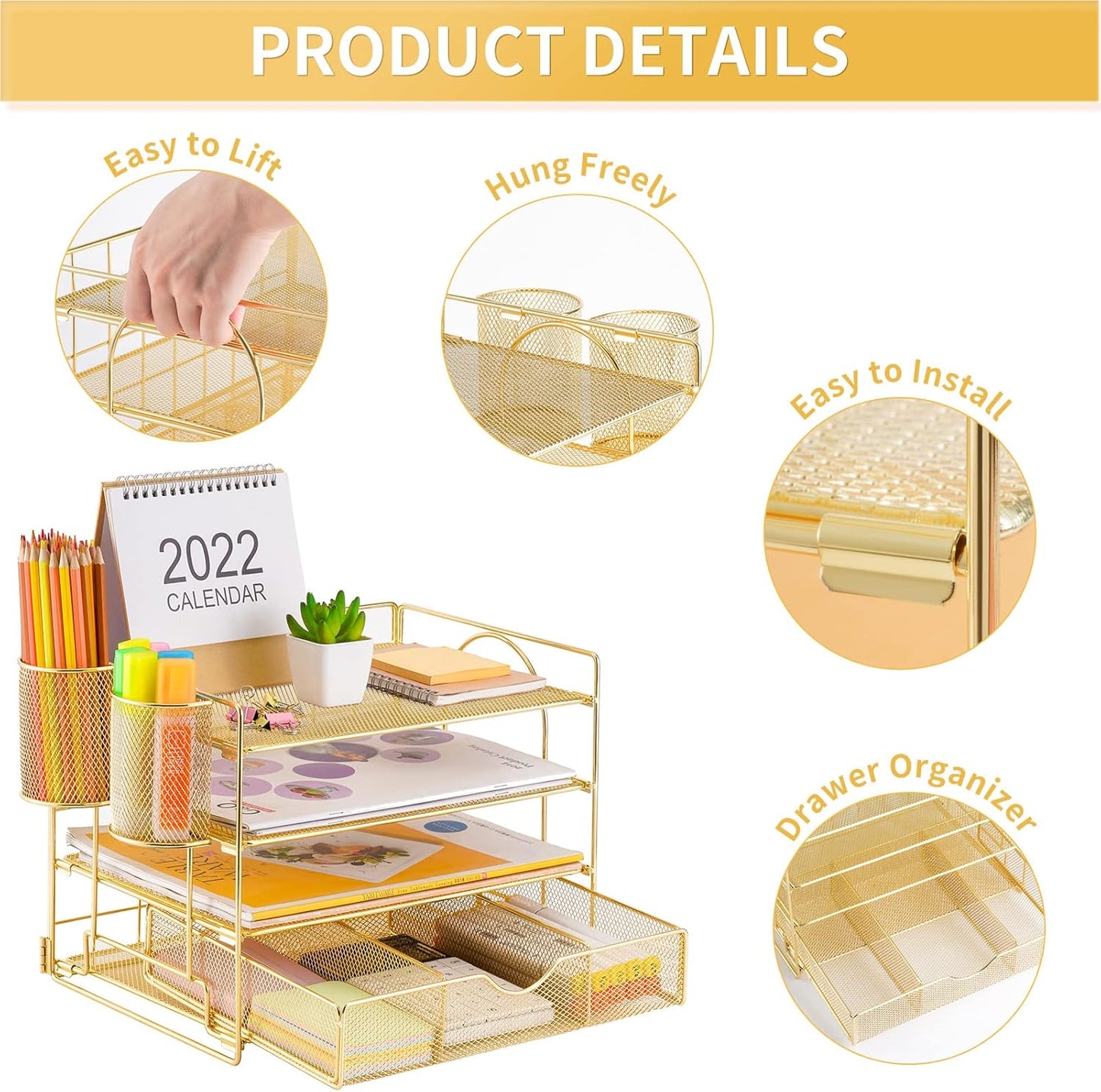 Lavatino Paper Letter Tray Organizer with File Holder, 4-Tier Desk Accessories & Workspace Desk Organizers with Drawer and 2 Pen Holder for Office Supplies (Gold)