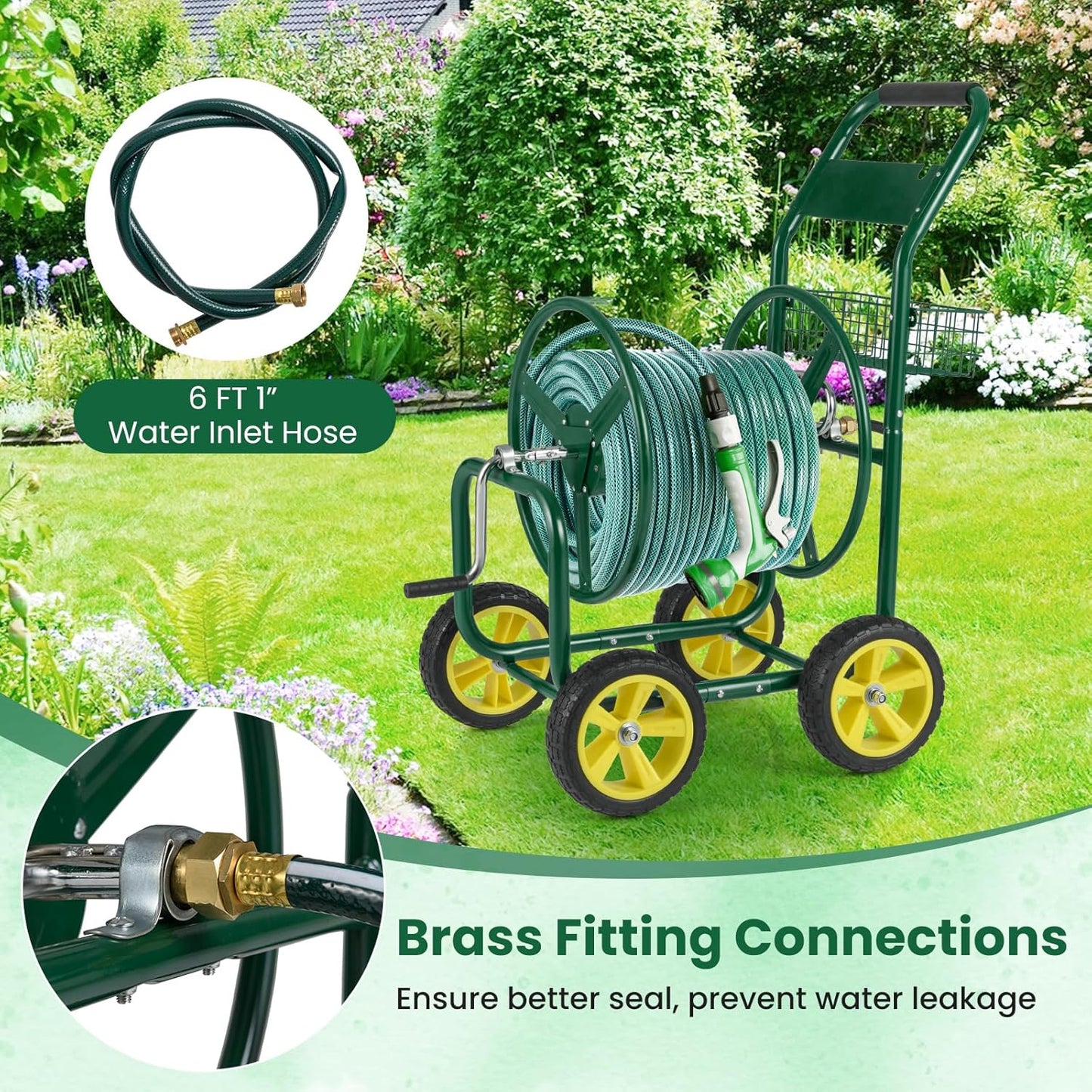Goplus Garden Hose Reel Cart, 300 FT of 5/8" Large Capacity, Heavy-Duty Metal Hose Cart w/ 4 Wheels, Storage Basket, Portable Water Hose Organizer for Outside Yard, Outdoor Planting Tool (Blue)