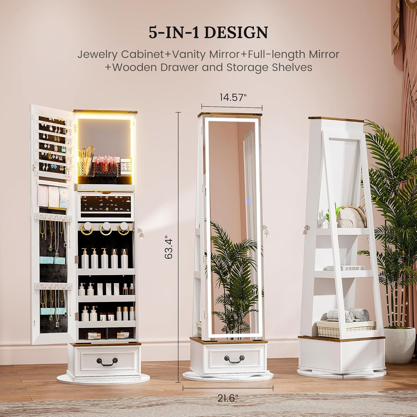 LVSOMT LED Mirror Jewelry Cabinet Standing, 360°Swivel Jewelry Armoire with Full Length Mirror, Mirror with Jewelry Storage and Large Wooden Drawer for Christmas Gifts (Farmhouse White)