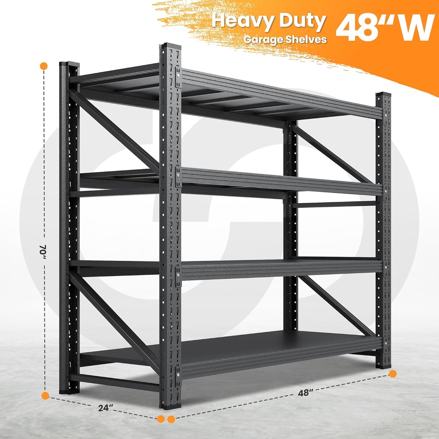 48" W Metal Storage Shelves Heavy Duty, 3000LBS Garage Shelving Units, 4 Tier Tall Metal Shelving, 24" Deep Steel Shelf Rack , Adjustable Utility Standing Shelf for Warehouse/Shop 48"W x 24"D x 70"H