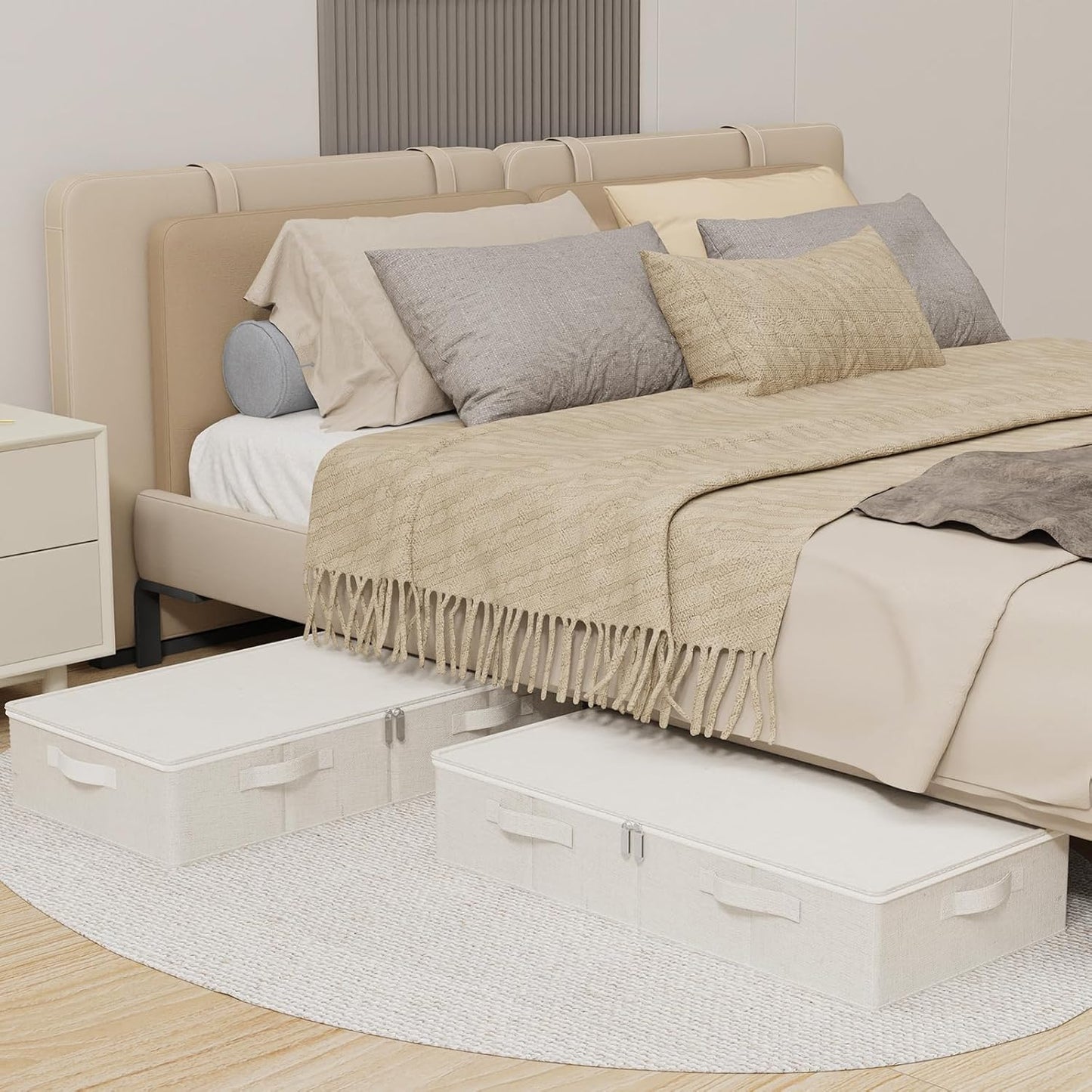 Underbed Storage Bins Drawer, Foldable Under Bed Boxes, Fabric Closet Container with Lid for Organizing Clothes, Sheets, Blankets, Comforter, 31.4x15.7x5.9in, Beige, 3 Pack