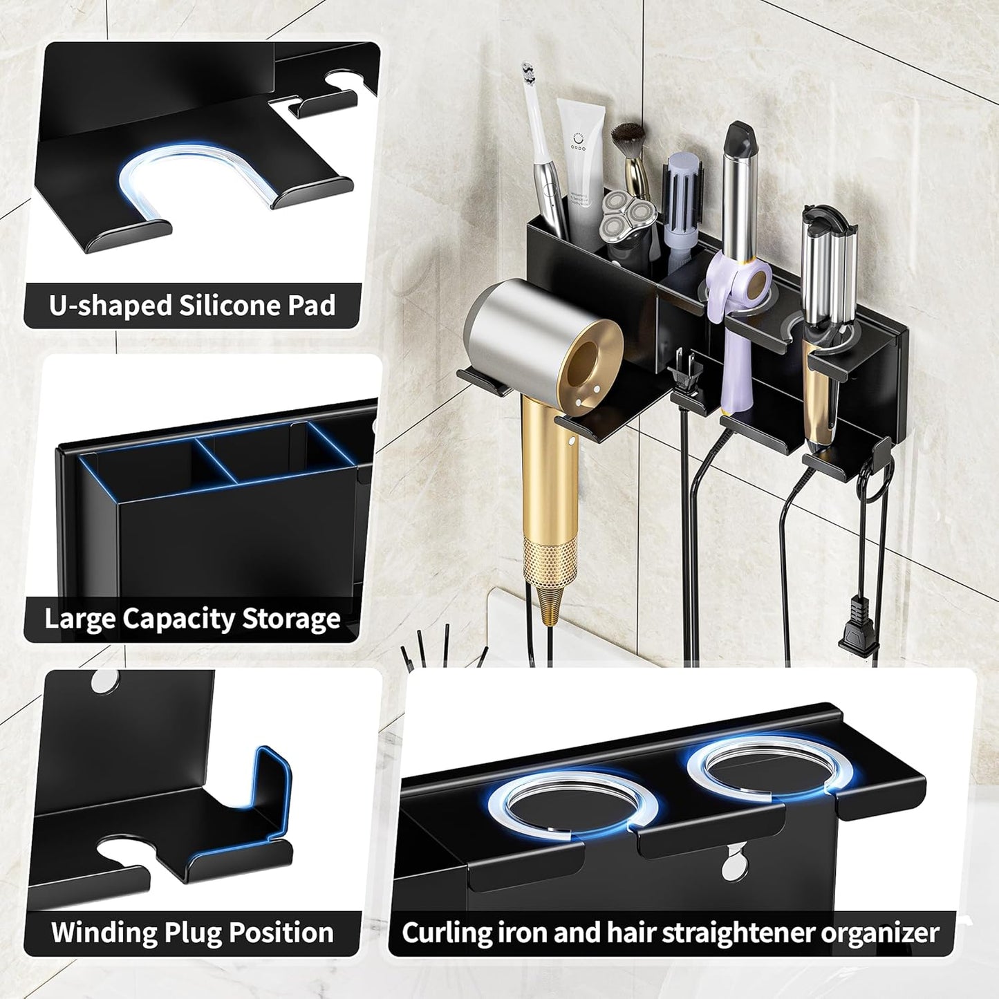 Hair Dryer Holder, Hair Tool Organizer, Blow Dryer Hanger Wall Mount for Dryer Hook, Bathroom Space-Saving Blow Dryer Organizer, Curling Irons Storage Wall Mounted