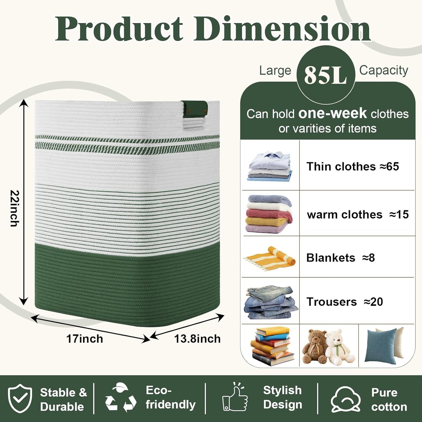 Laundry Hamper, 85L Tall Laundry Basket with Leather Handles, Rectangle Large Clothes Hamper for Organizing, Cotton Woven Laundry Baskets Storage Hampers for Bedroom, Nursery, Living Room