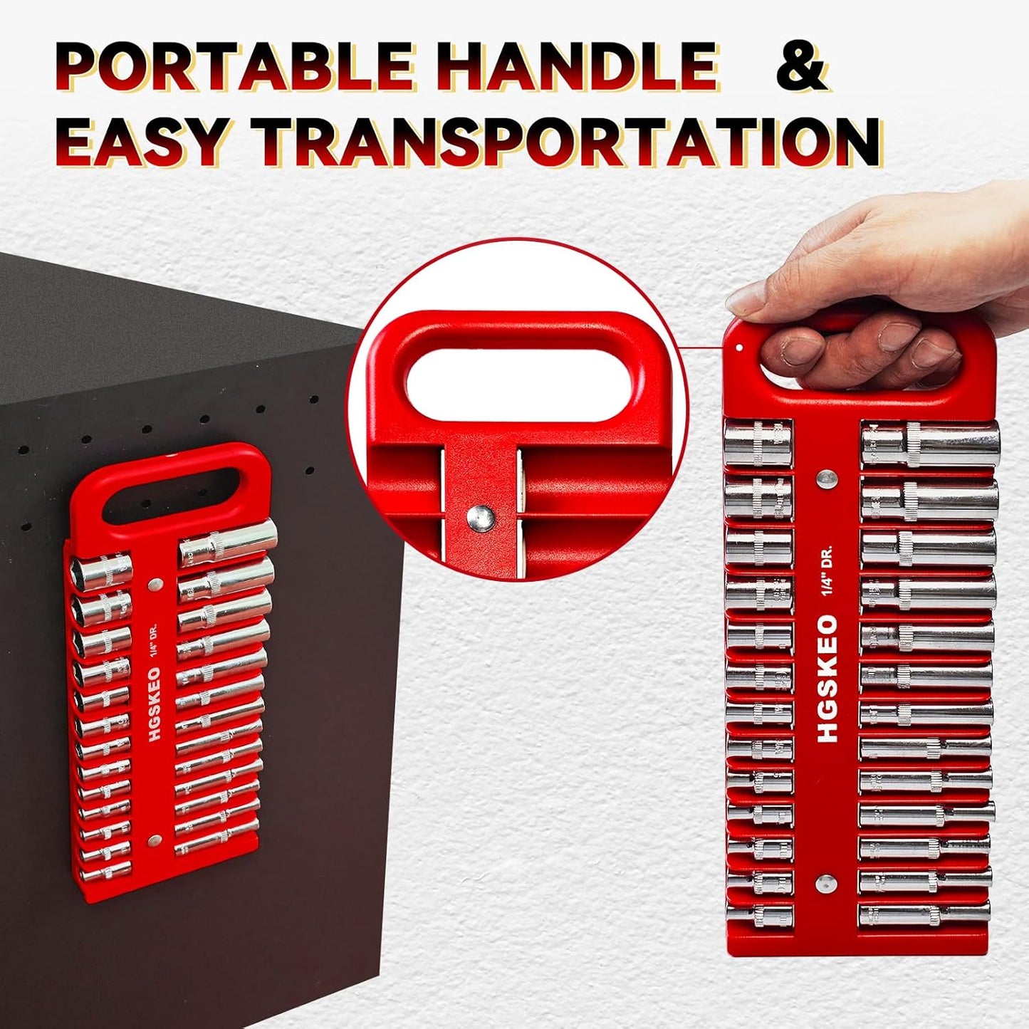 Magnetic Socket Holder Set with Handle, Portable Socket Organizer, Heavy Duty Socket Racks 1/4" Drive Holders Hold 26 standard Sockets for Tool Box(Red, 1/4" Drive)