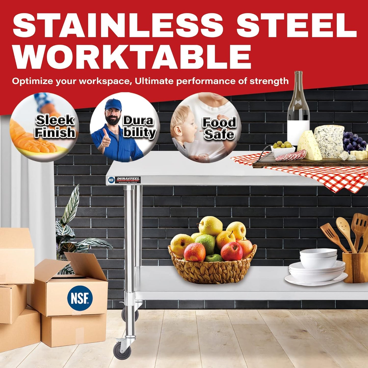 DuraSteel 30x60 NSF Stainless Steel Cart - Heavy Duty Food Prep Table with Undershelf - Rolling Kitchen Island on Wheels for Commercial Restaurant Kitchen, Garage, Outdoor Cooking, BBQ Grill, Counter