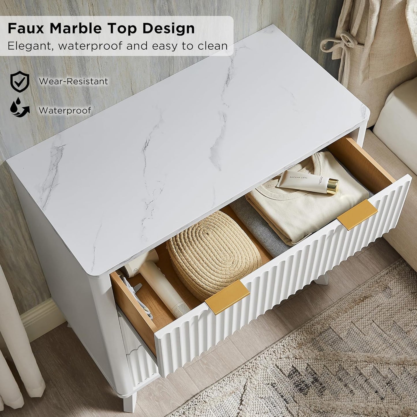T4TREAM Fluted 3 Drawers Nightstand Set of 2, Oversized Extra Large Modern Side Table with Faux Marble Top, End Table Bedside for Bedroom, Living Room, Curved Profile Design, Solid White