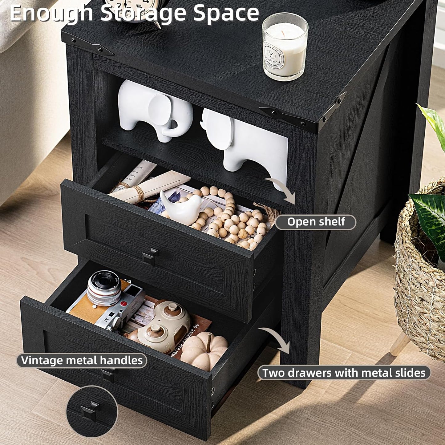 Night Stands with Charging Station Set of 2, Farmhouse Nightstand, Wooden Bedside End Tables with 2 Drawers and Open Shelf, Bed Side Table for Bedroom, Living Room, Closet, Office (Black)