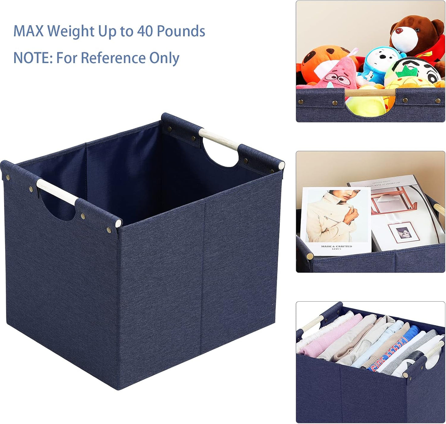 HOONEX Large Foldable Storage Bins, Linen Fabric, Pack of 2, Storage Baskets with Wooden Carry Handles and Sturdy Heavy Cardboard, for Home, Office, Car, Nursery, Blue