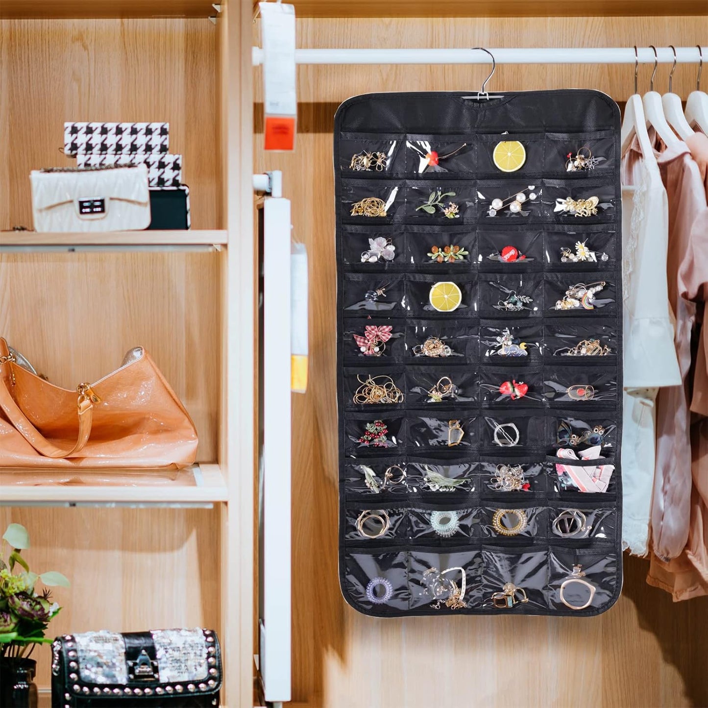 Bloss Hanging Jewelry Organizer and storage for Closet With 80 Pockets,Earring Organizer Hanging Holder Storage for Women Gift,Jewelry Organizer for Closet, Wall, Door-Black