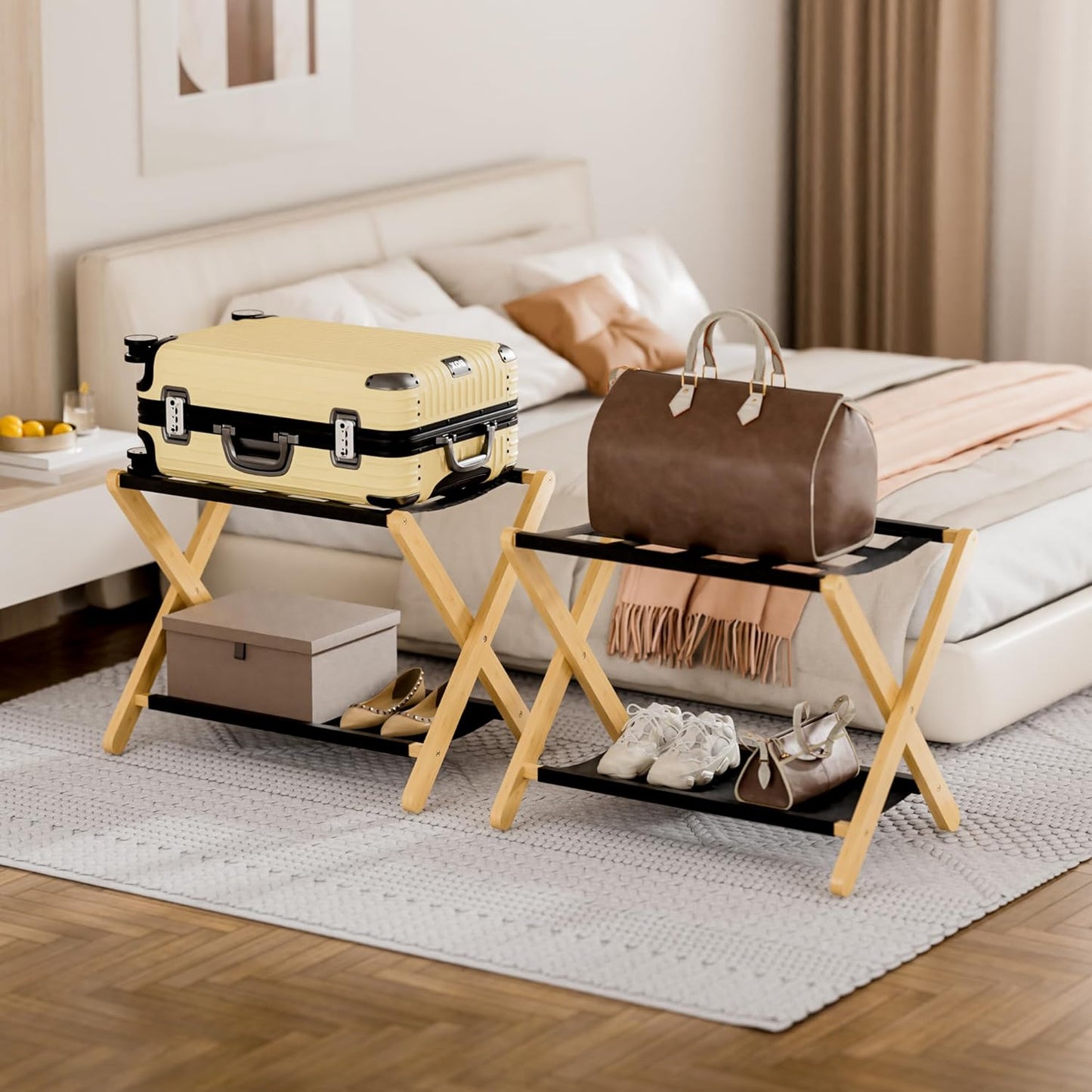 HITNET Luggage Rack 2 Pack, Folding Suitcase Stand for Guest Room, Bamboo Luggage Holder with Storage Shelf for Hotel Bedroom, Natural