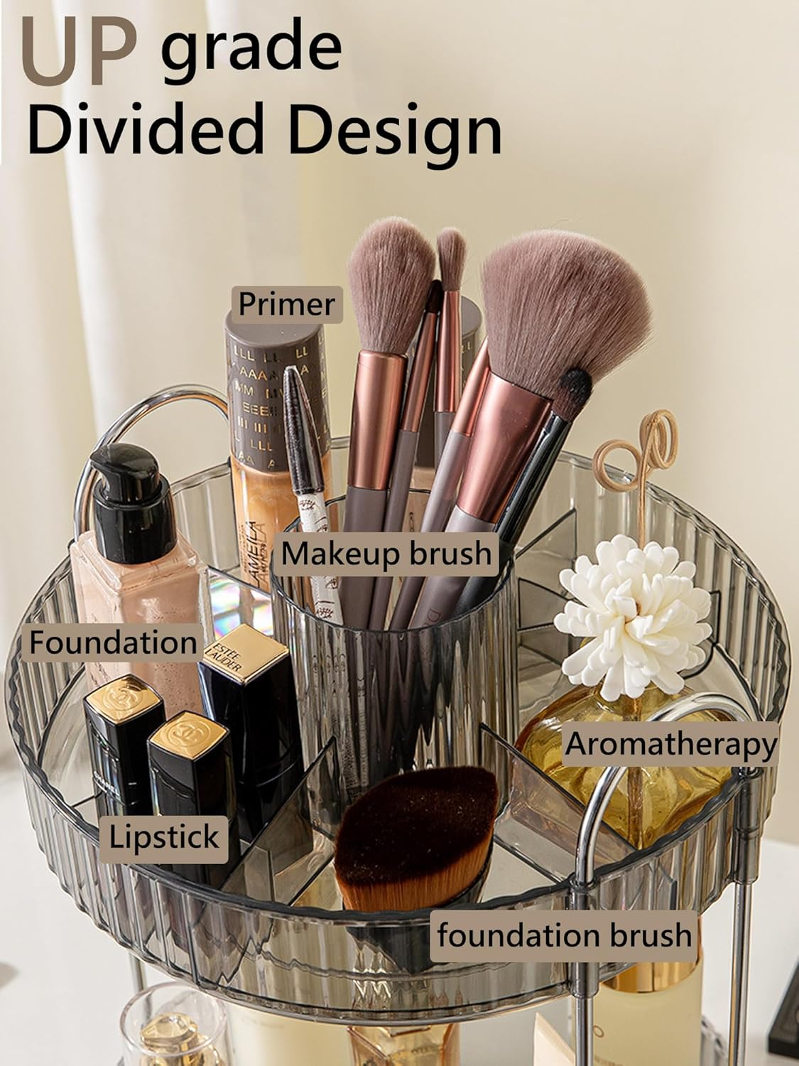 360 Rotating Makeup Organizer,3 Tier Large Capacity Make Up Organizers and Storage,Skincare Perfume Vanity Organizers,Bathroom Cosmetics Storage Organizer Countertop(Grey)