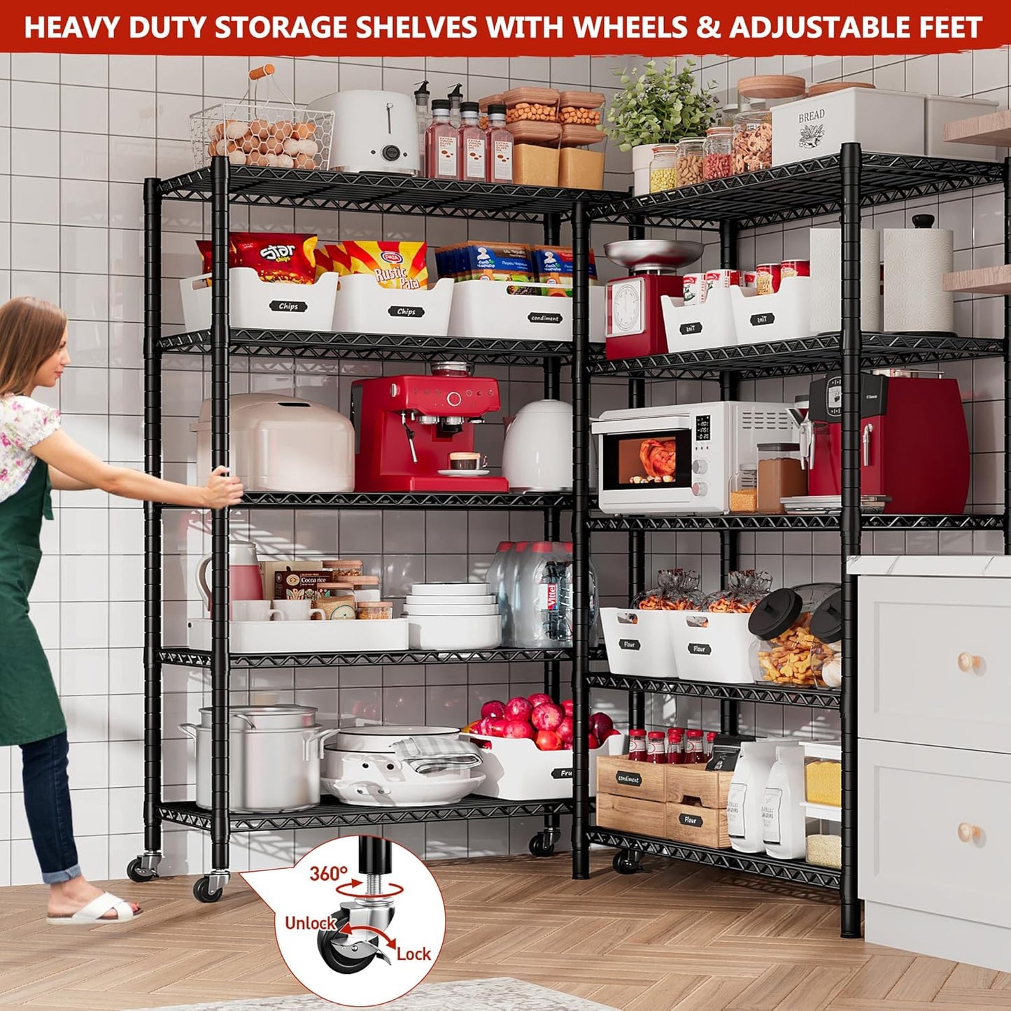 REIBII Storage Shelves Load 1980LBS,5 Tier Metal Shelving Unit with Wheels,Adjustable Garage Shelving Wire Shelves Commercial Shelf for Garage Pantry Kitchen,76''HX36''WX16''D Black