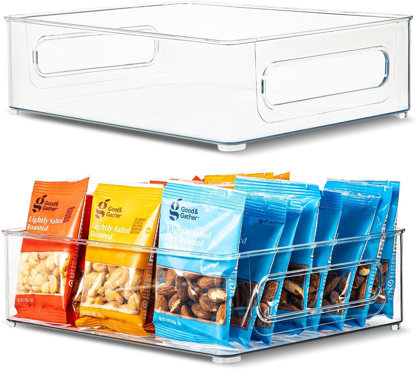 primebox Plastic Food Storage 2 pack Clear Container Bin with Handles for Organizing Kitchen, Pantry, Refrigerator, Freezer, Pantry, Cabinet, Closet, Bathroom. Stackable 10”x8”x3”