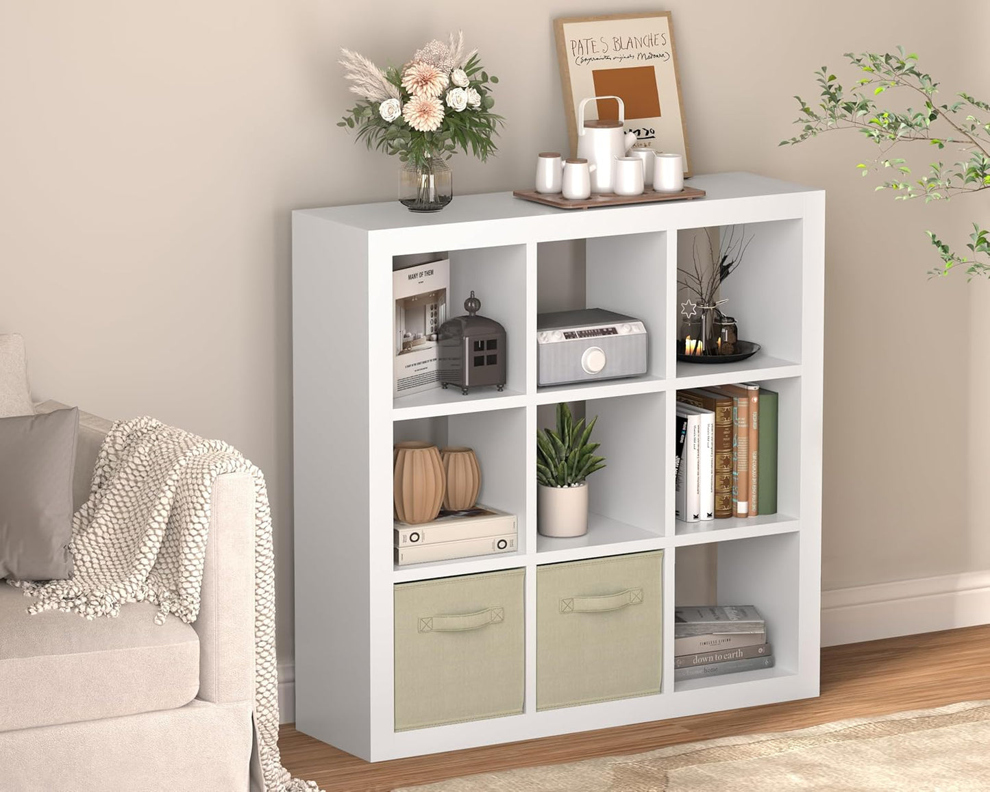 Bookshelf with Storage Bins, 9-Cube Storage Organizer Sturdy Wooden Bookcase Open Book Shelf, Multifunctional Cubicle Rack for Storages & Display, Furniture for Living Room Bedroom Office, White