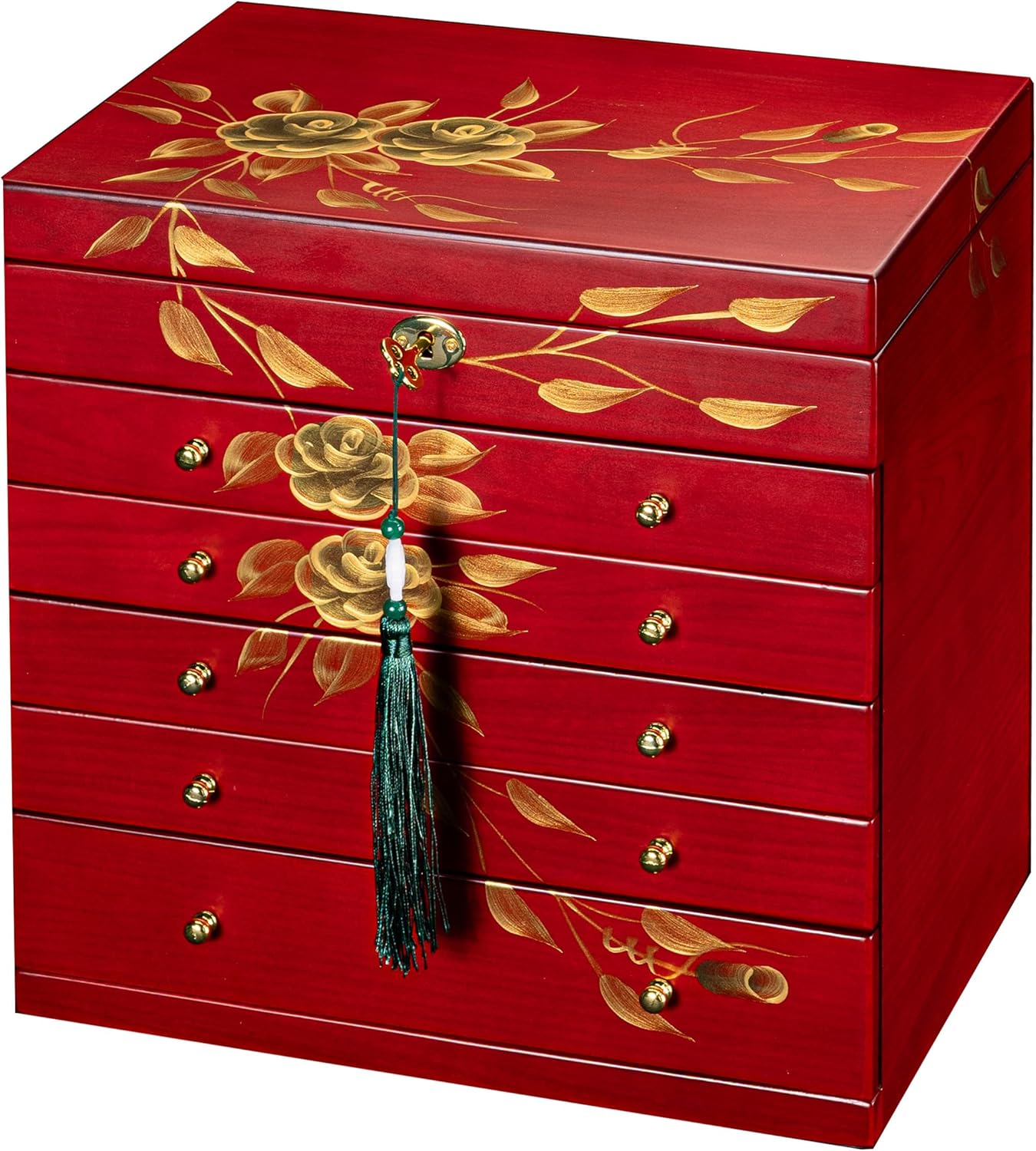 Hand-drawn rose wood jewelry box 6-Layer Jewelry Organizer for women,Large capacity jewelry storage box with lock in red color,store glasses,watches,necklaces,rings,earrings