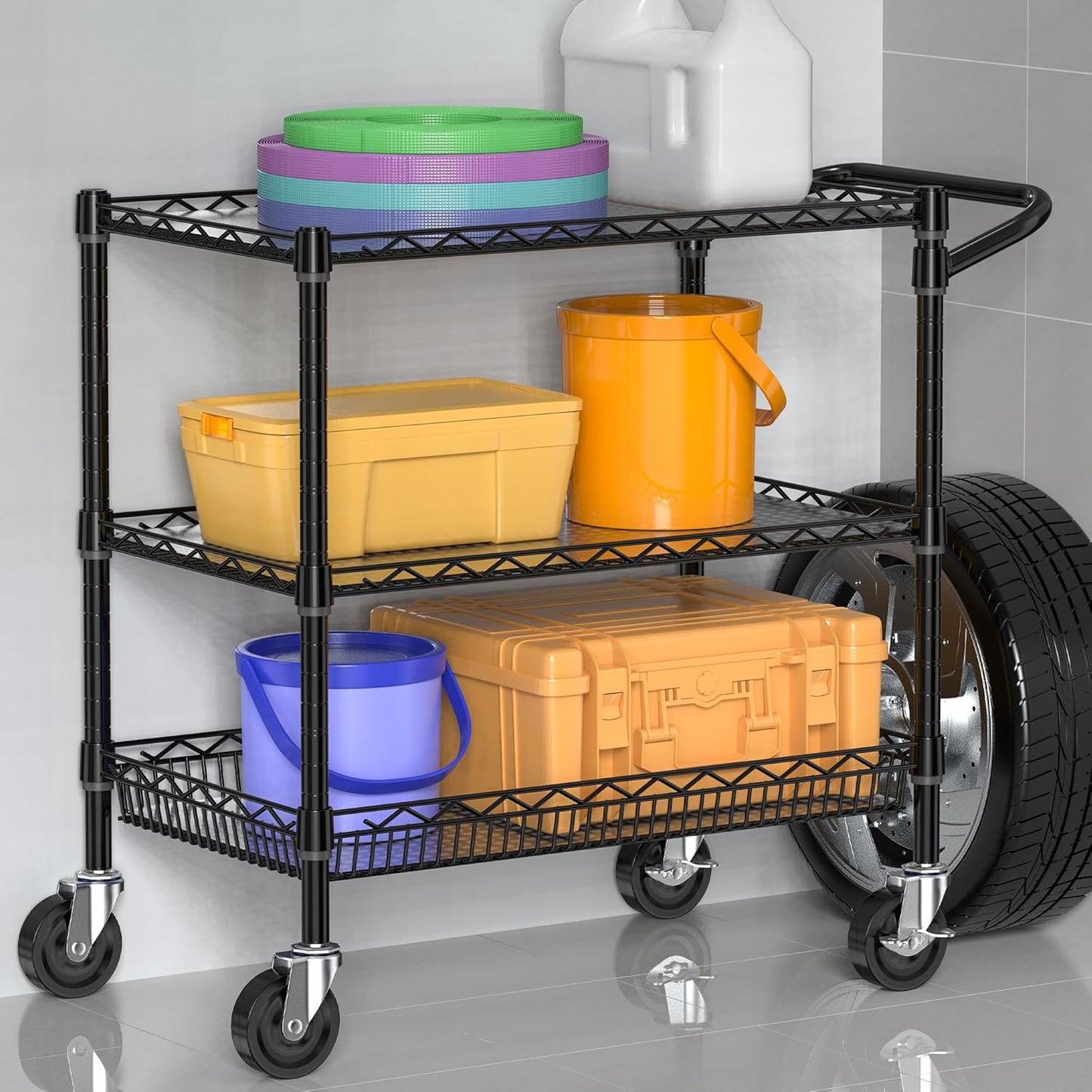 Heavy Duty Rolling Cart with Wheels, 3 Tier Commercial Grade Utility Cart, Metal Kitchen Storage Trolley with Handle Bar & Shelf Liner for Food Service Tool, Black