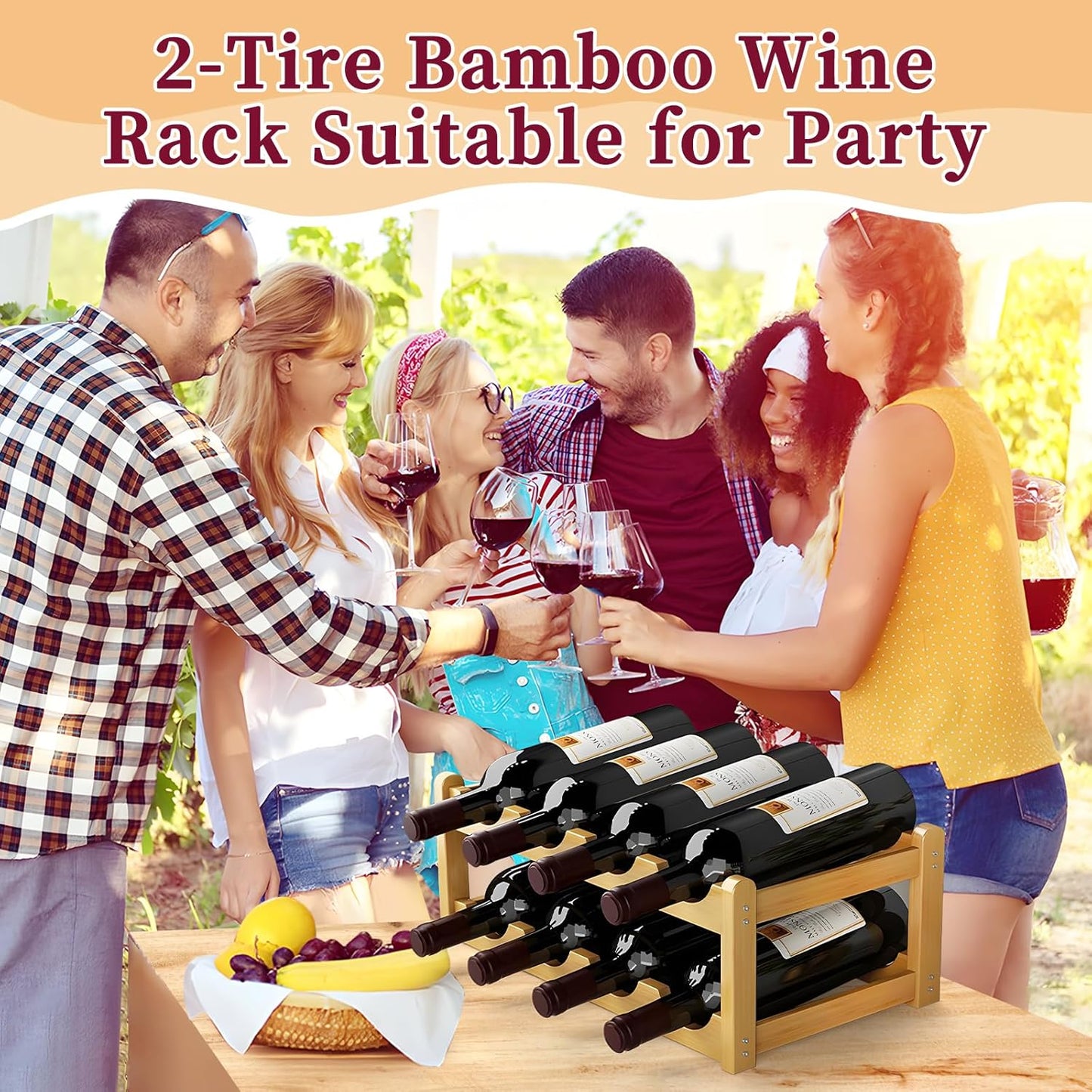 2 Pack Wine Racks, 2-Tire Bamboo Wine Rack, Wine Rack for Inside Cabinet 16 Bottles Wine Storage Holder Liquor Bottle Display Shelf Suitable for Bar,Home,Kitchen,Cellar Basement,Restaurant