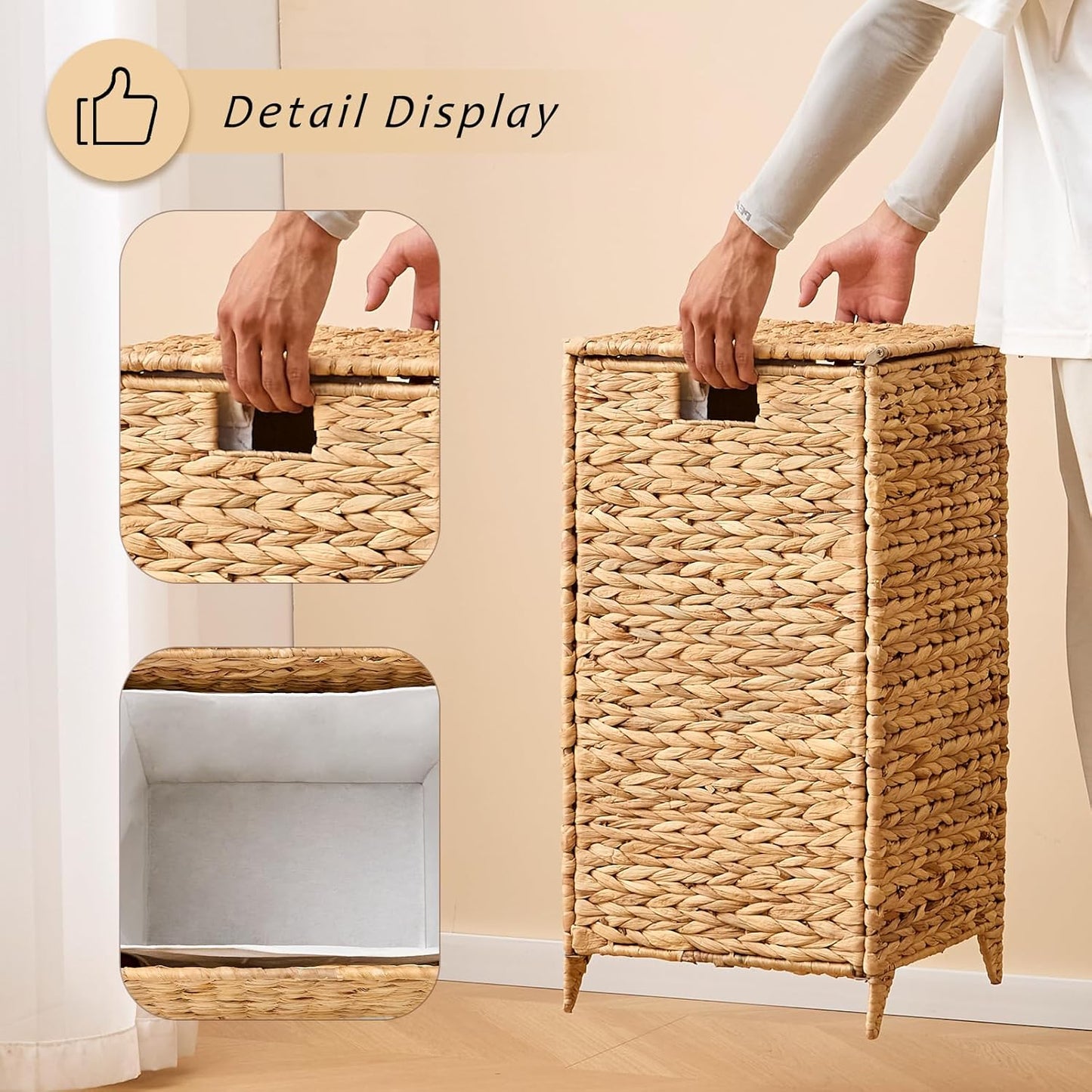 Handwoven Laundry Hamper with Lid, Natural Hyacinth Heightened Feet Laundry Basket, Wicker Clothes Hamper with Removable Liner Bag