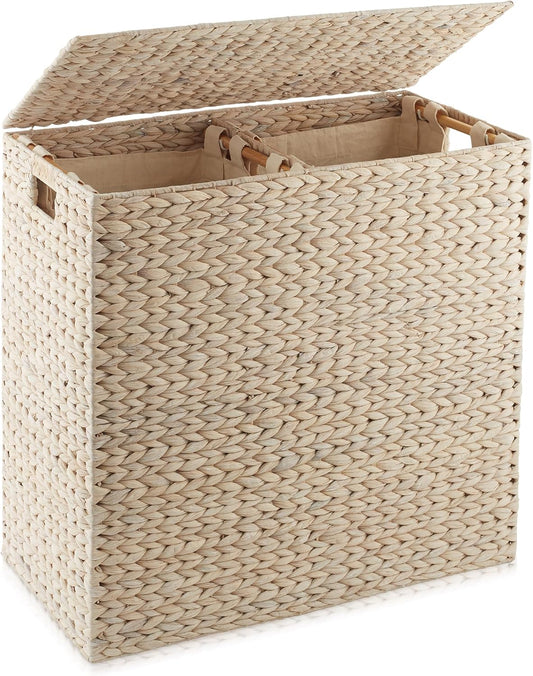Casafield 2-Section Laundry Hamper with Removable Liner Bags - Whitewash, Woven Water Hyacinth Double Laundry Basket Sorter for Clothes and Towels