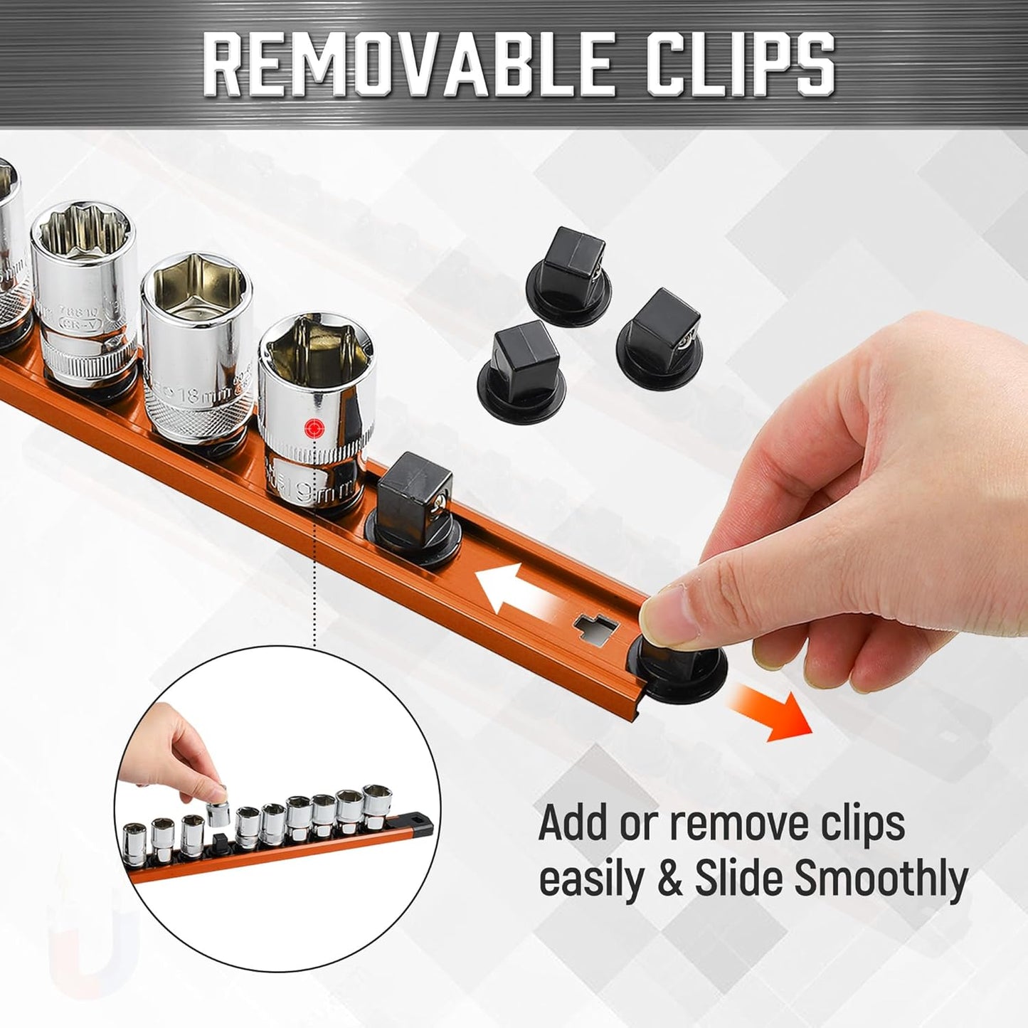 ALOANES 6-Piece Magnetic Socket Organizer, Heavy Duty Aluminum Socket Rails Organizer, 360° Swivel Clips Socket Holder Kit for Tool Box, 1/2, 3/8, 1/4-Inch Socket Holder x 80 Clips (Black&Orange)
