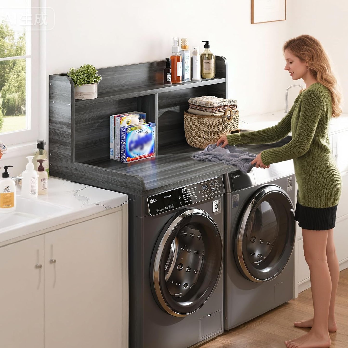 2-Tier Washer Dryer Countertop, 18.5" Raised Height Laundry Countertop with Edge Rails and Non-Slip Pad, 54"W x 27.55"D Washer and Dryer Topper for Laundry Room Storage Organization (Stripe Gray)