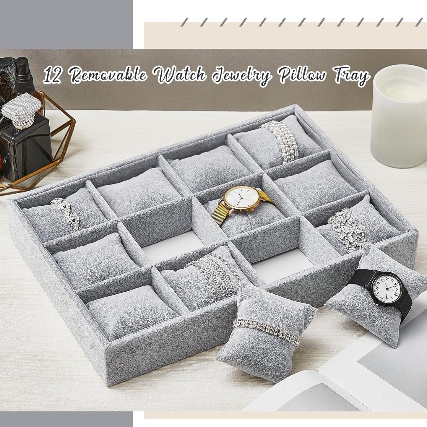 Henoyso 2 Pieces 12 Grid Velvet Watch Tray Jewelry Organizer Stackable Watch Bracelet Bangle Display Holder Adjustable Pillow (Gray)